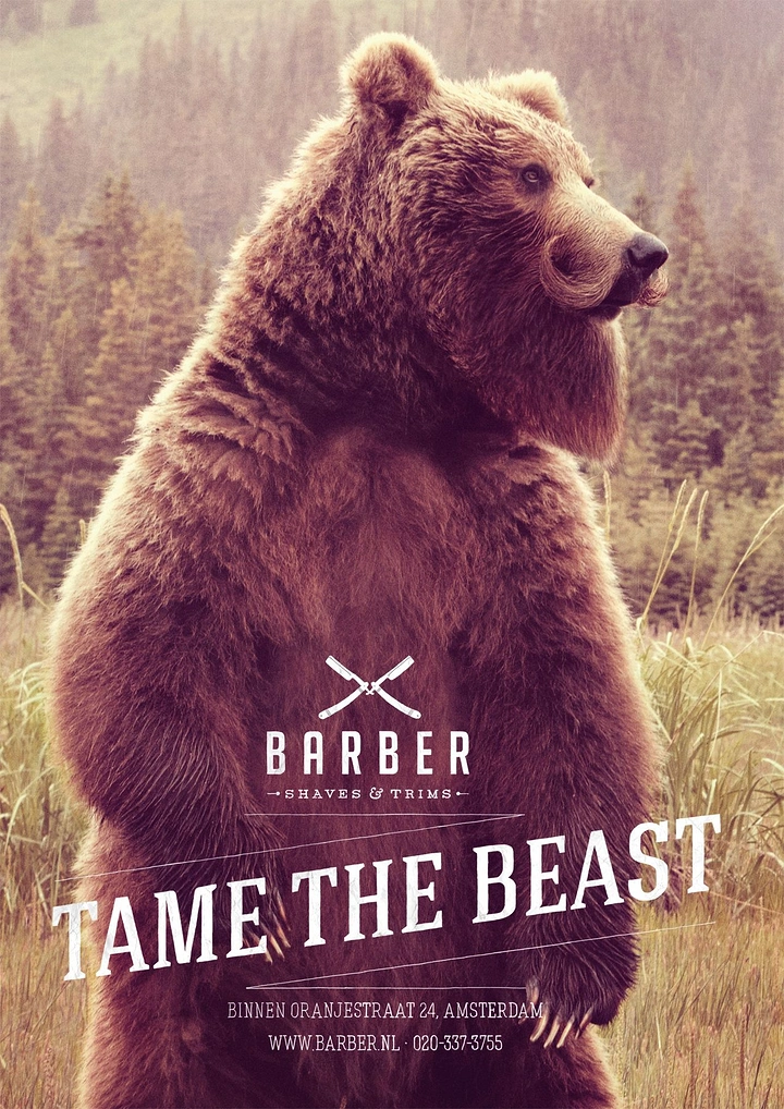 Barber Shops creative ad: Standing brown bear with a groomed handlebar moustache