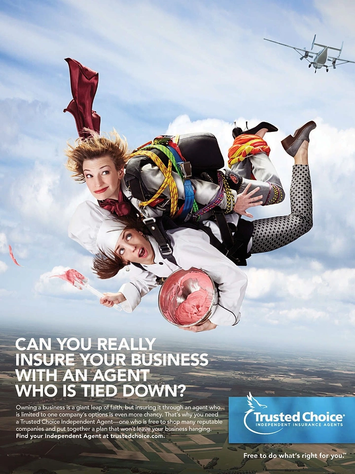 Creative ad: Waiter and chef tangled mid-skydive