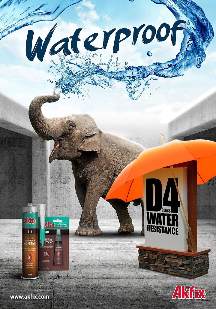 Waterproofing creative ad: Elephant and umbrella sell water resistance