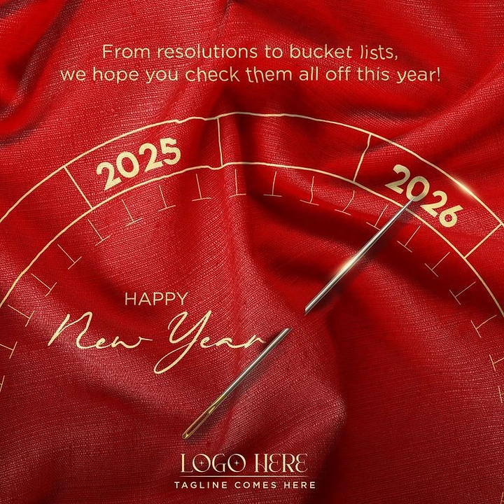 New Year creative ad: Sewing needle as a gauge pointer moving from 2025 to 2026 on red fabric