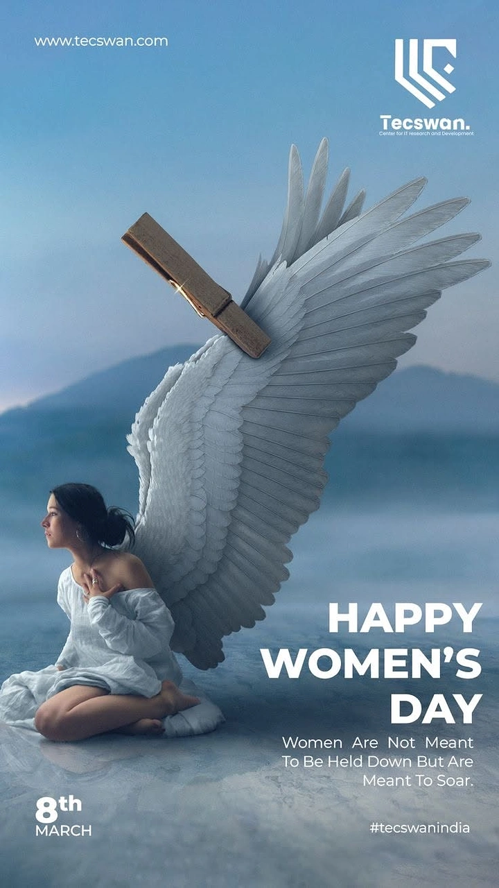 Women's Day creative ad: Seated woman with a large white wing pinned down by a giant wooden clothespin