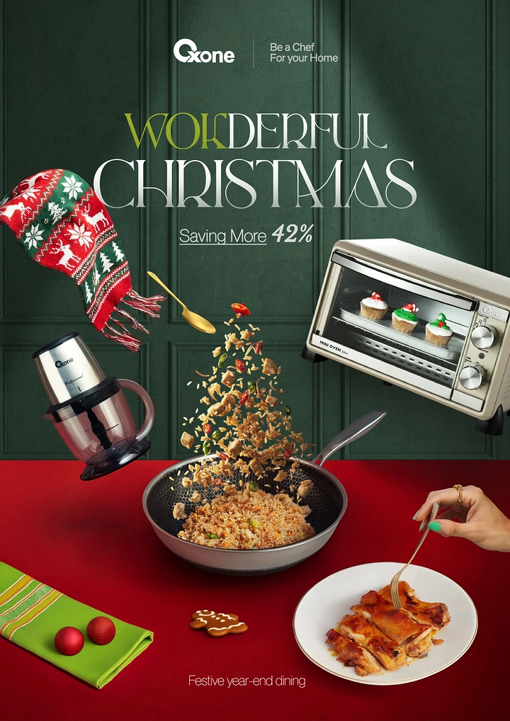 Christmas creative ad: Wok tossing fried rice mid-air, surrounded by floating kitchen appliances