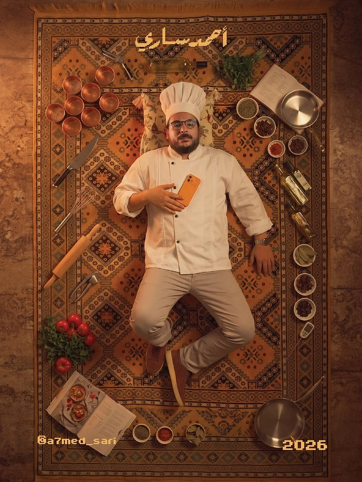 Arabic & Middle Eastern Restaurants creative ad: Chef staged among ingredients as flatlay