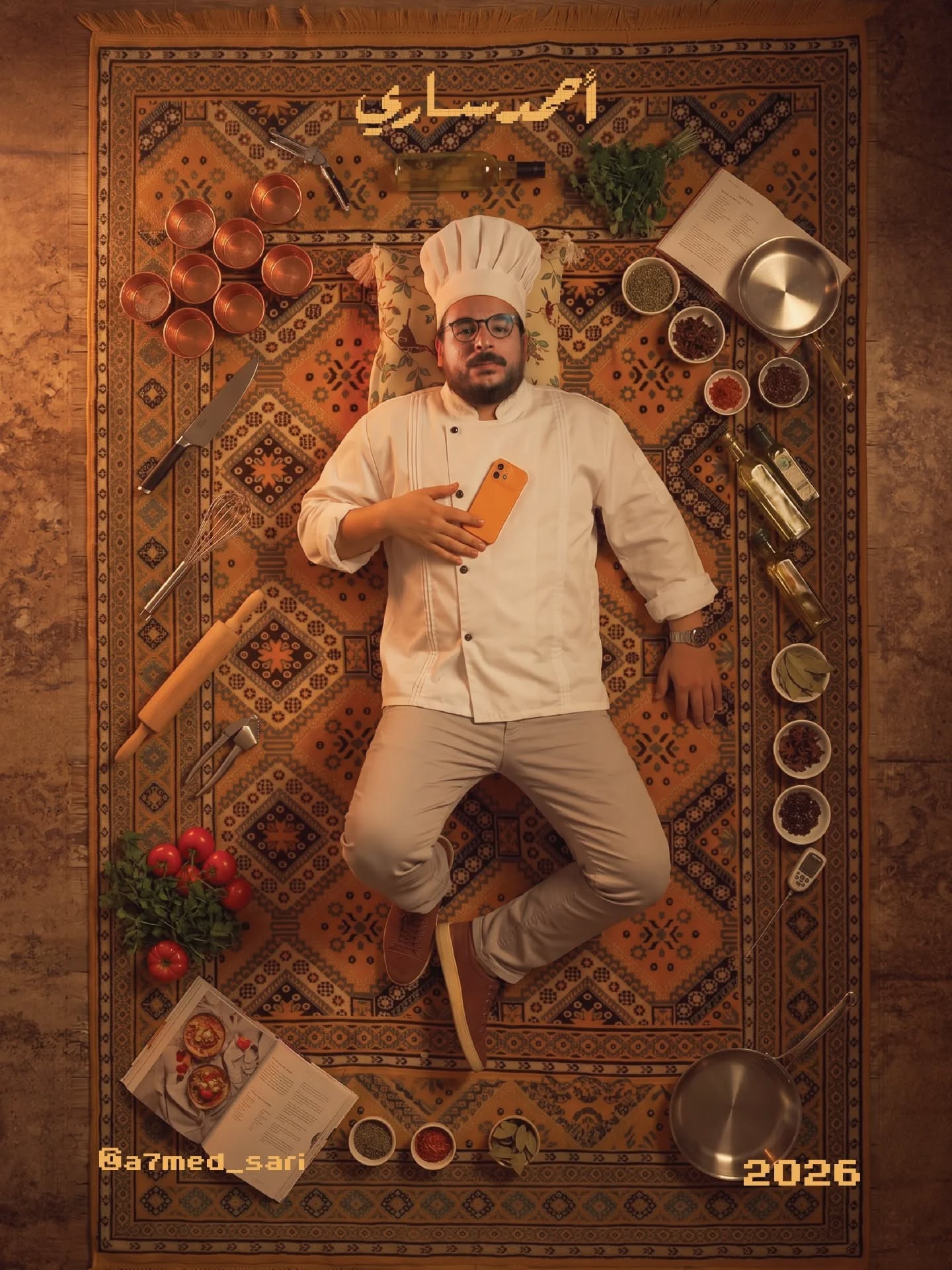 Instagram post: Chef staged among ingredients as flatlay