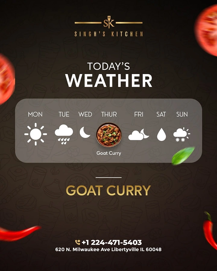 Cloud Kitchens & Food Trucks creative ad: Weather forecast with goat curry icon