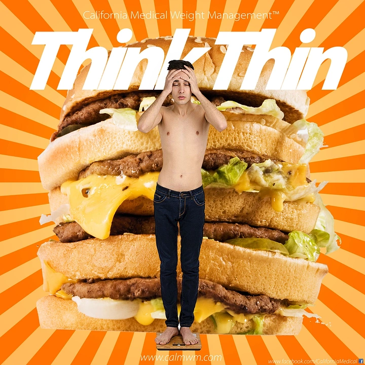 Weight Loss Clinics creative ad: Person dwarfed by sandwich stack