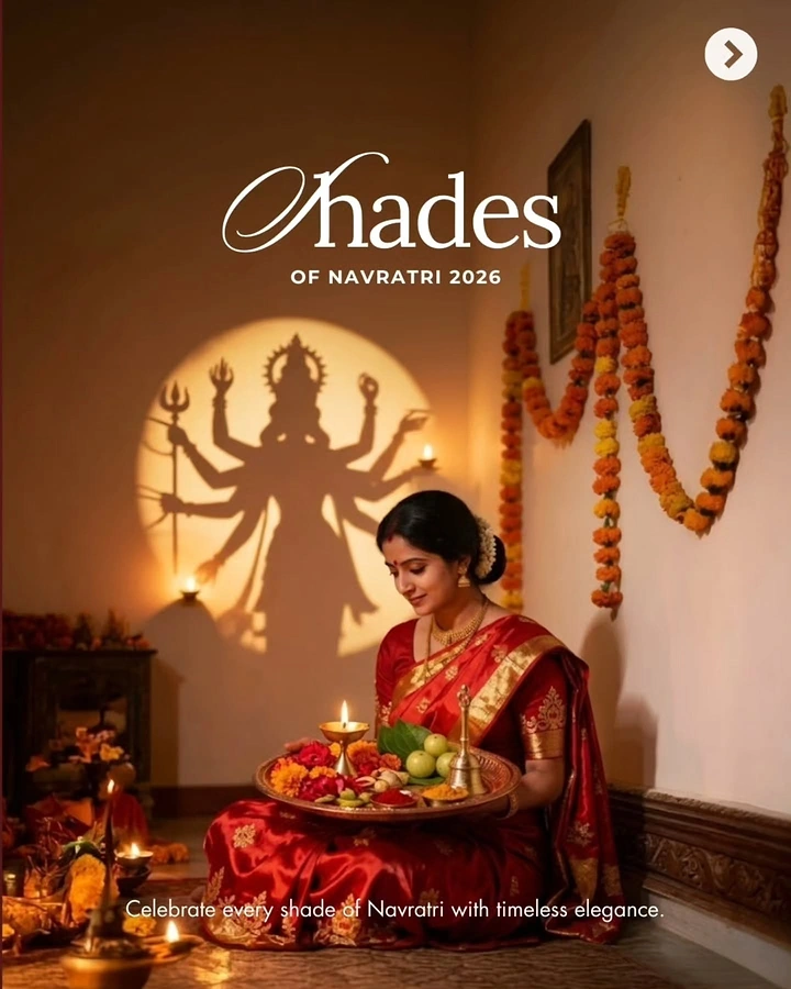Navratri creative ad: Woman in red silk saree holding a puja thali