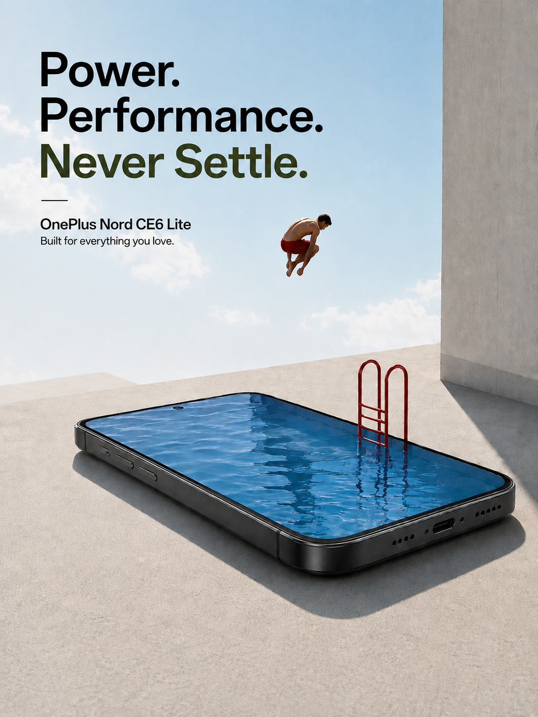 Phone lying flat as a swimming pool with a man cannonballing into it