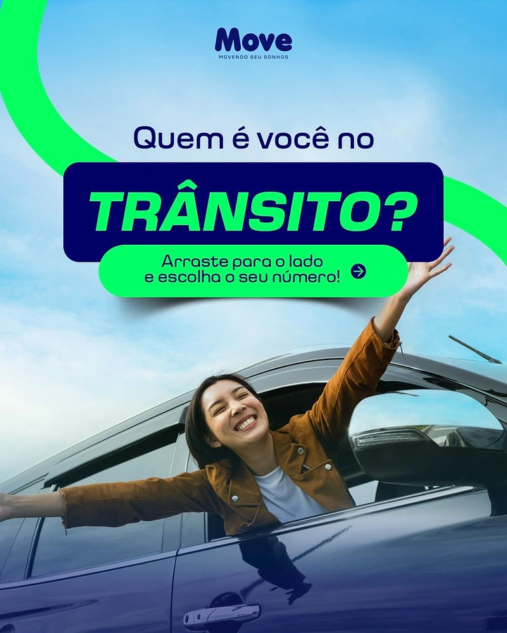 Car Rental creative ad: Joyful driver, interactive traffic-persona quiz carousel