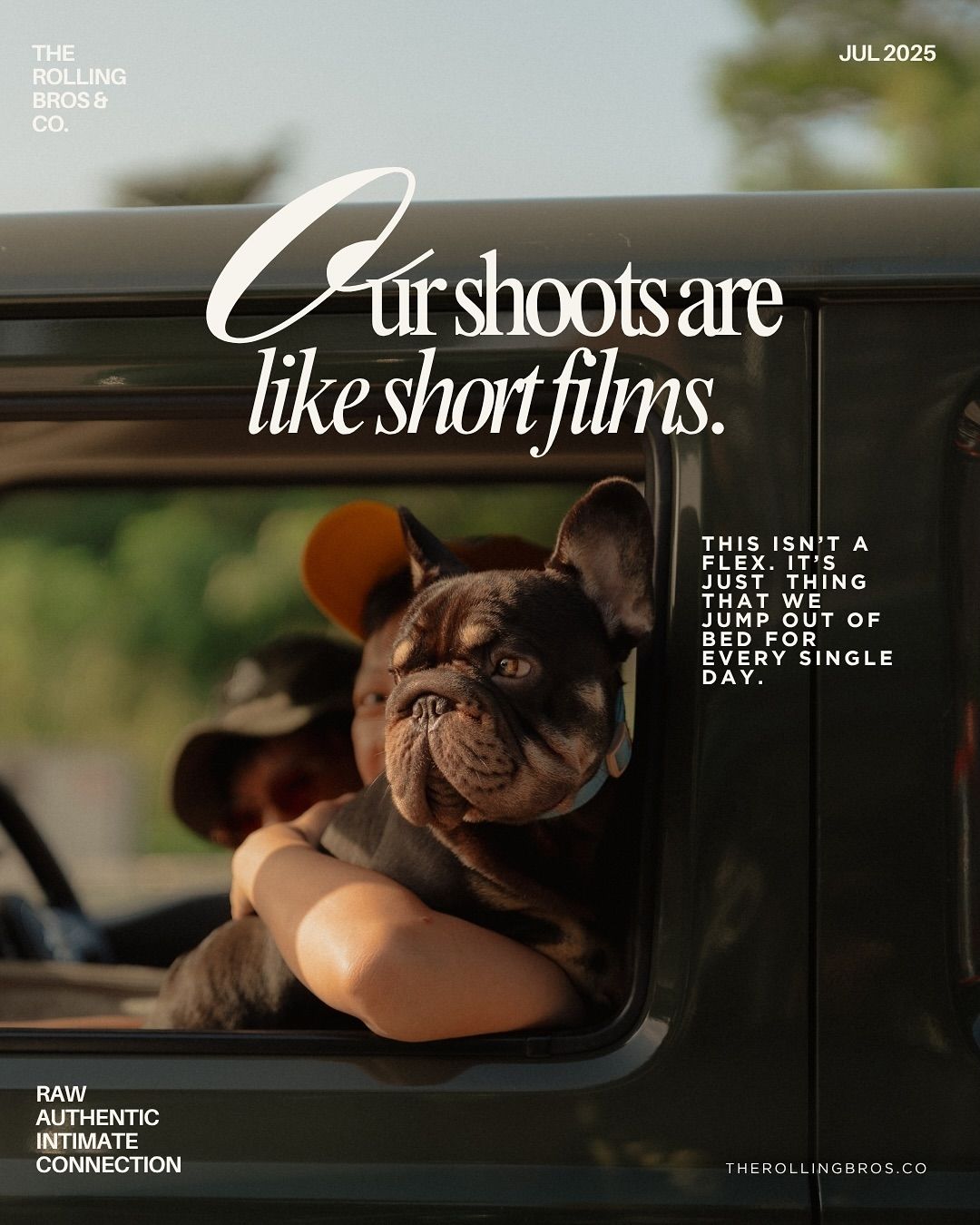 Instagram post: French bulldog looking out of a dark car window held by a child