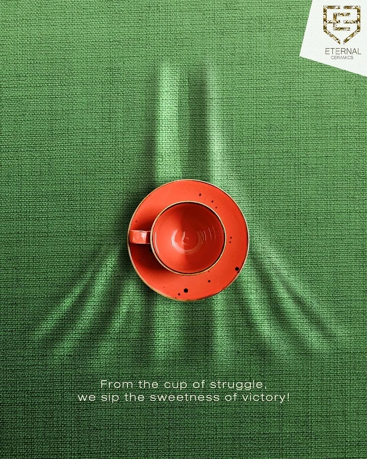Tea & Chai Brands creative ad: Cup pressing fabric like victory sign