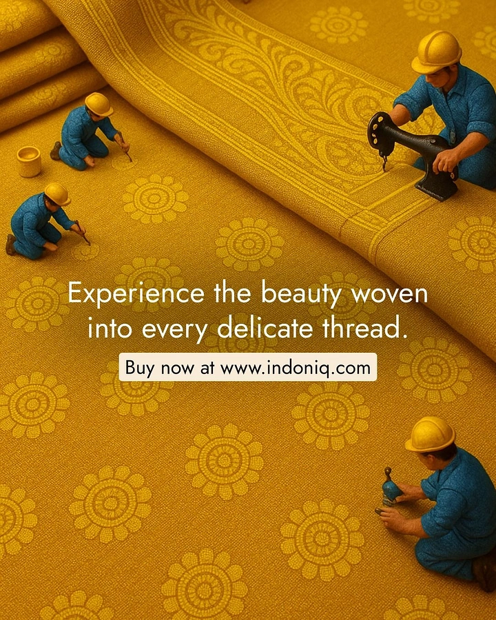 Ethnic Wear & Sarees creative ad: Miniature workers stitching giant saree fabric
