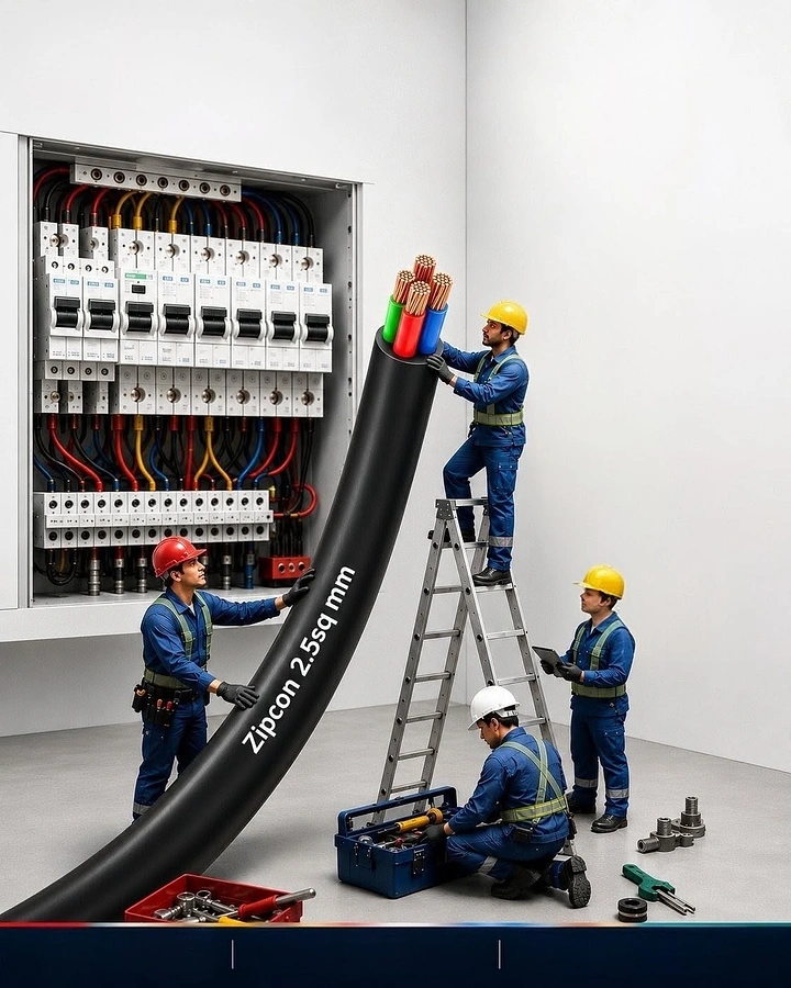Electricians creative ad: Giant cable with tiny workers, scale play