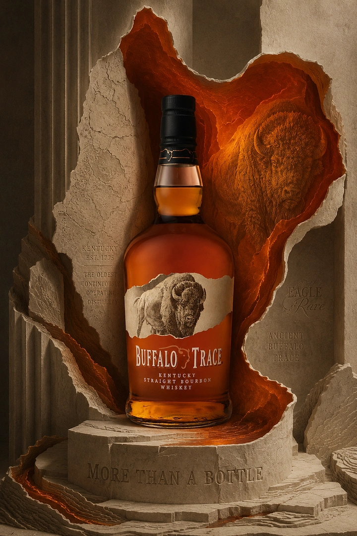 Creative ad: Bourbon bottle on a stone pedestal inside a glowing torn-stone cavity