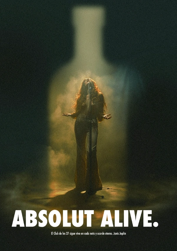 Creative ad: Singer at a mic inside a bottle-shaped spotlight