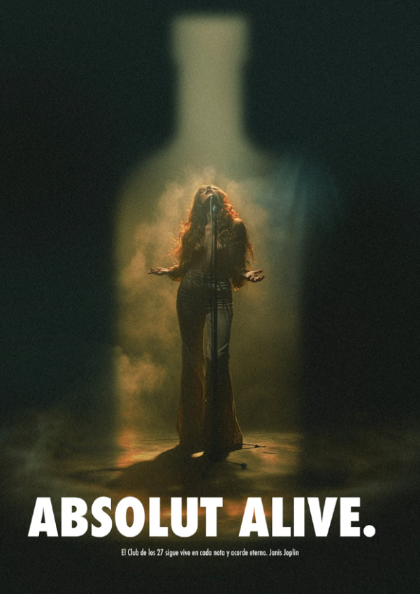 Poster: Singer at a mic inside a bottle-shaped spotlight