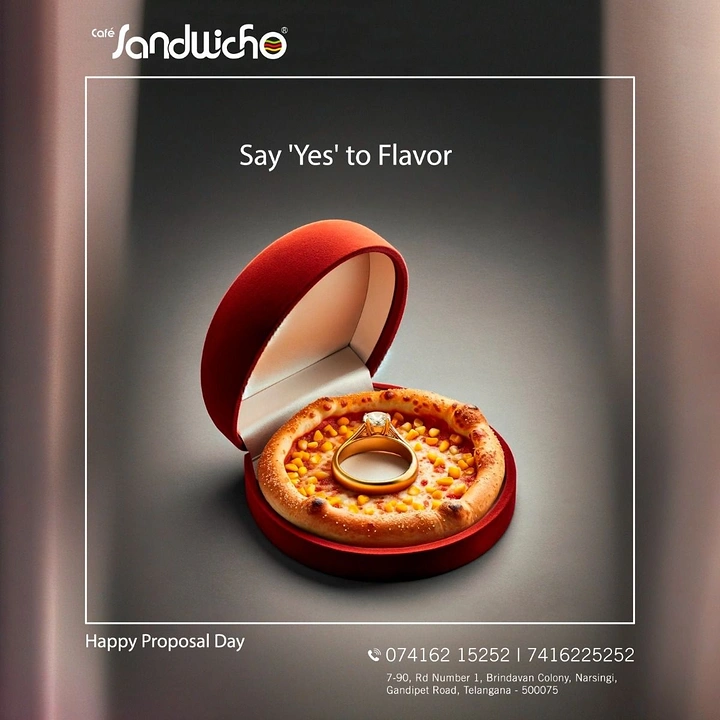 Valentine's Day creative ad: Mini corn pizza inside a red velvet ring box with a diamond ring on top