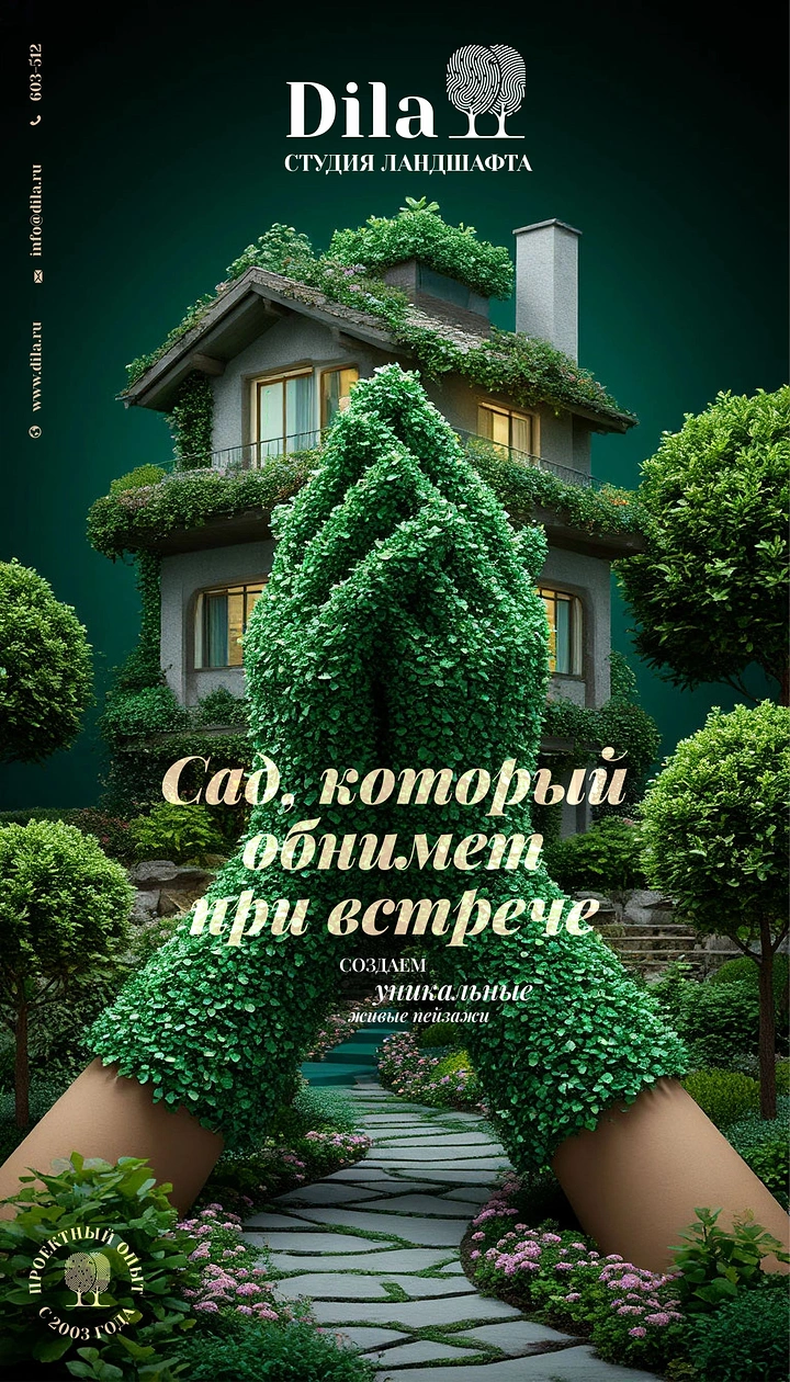 Landscaping & Gardening creative ad: Giant topiary hands forming an arch over a garden path in front of a house