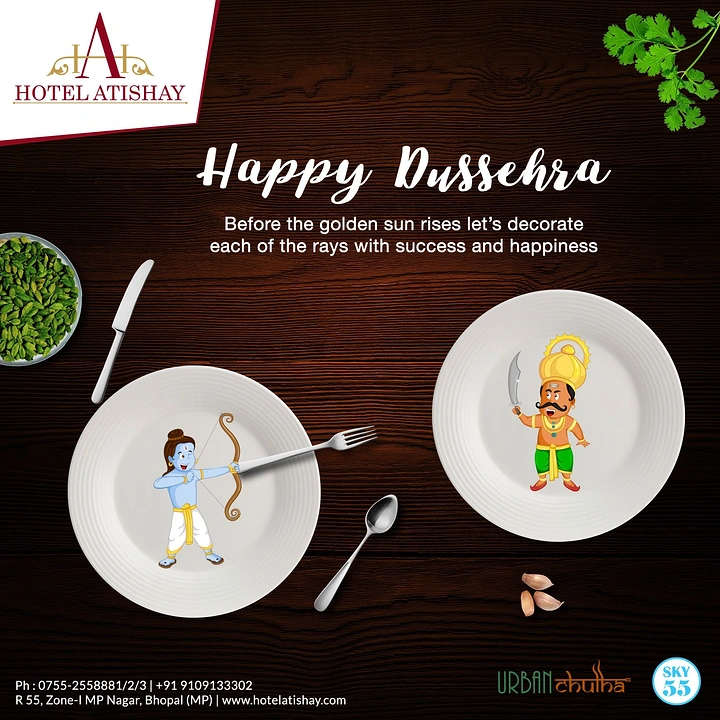 Dussehra creative ad: Top-down dining table with cartoon Rama and Ravana on two plates