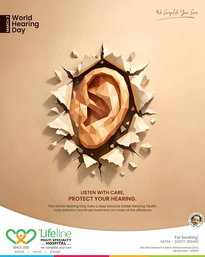 Hearing Aids creative ad: Low-poly ear bursting through wall
