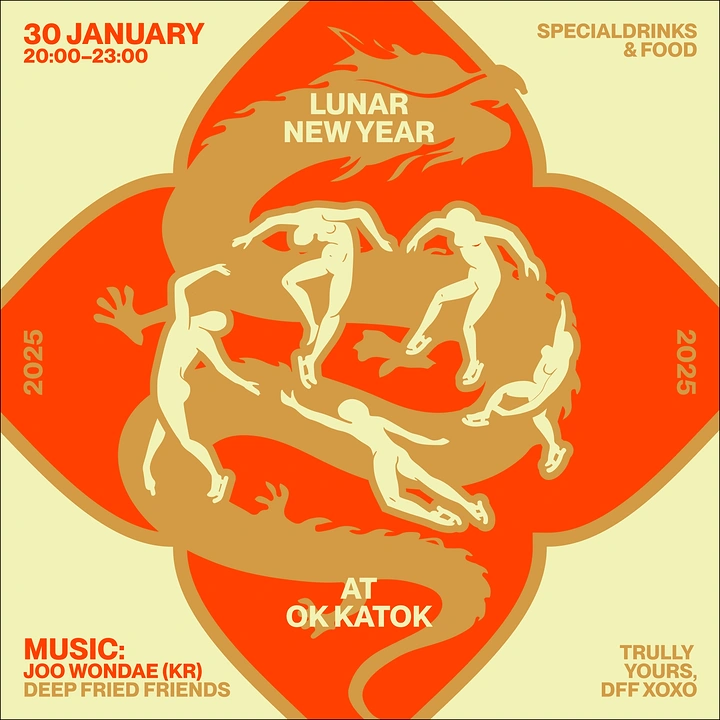 Lunar New Year creative ad: Ochre dragon coiled around a ring of dancing figures on ice skates