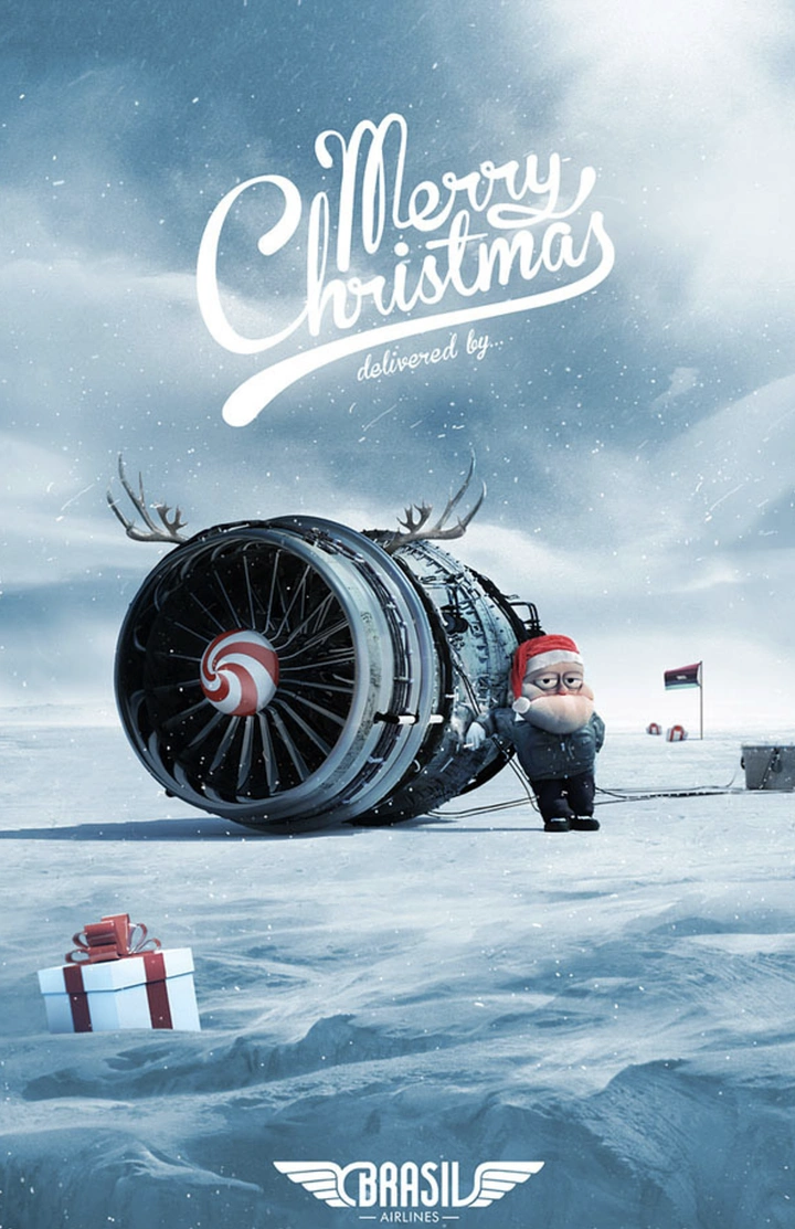 Christmas creative ad: Crashed jet engine with antlers beside a Santa-hatted gnome in snow
