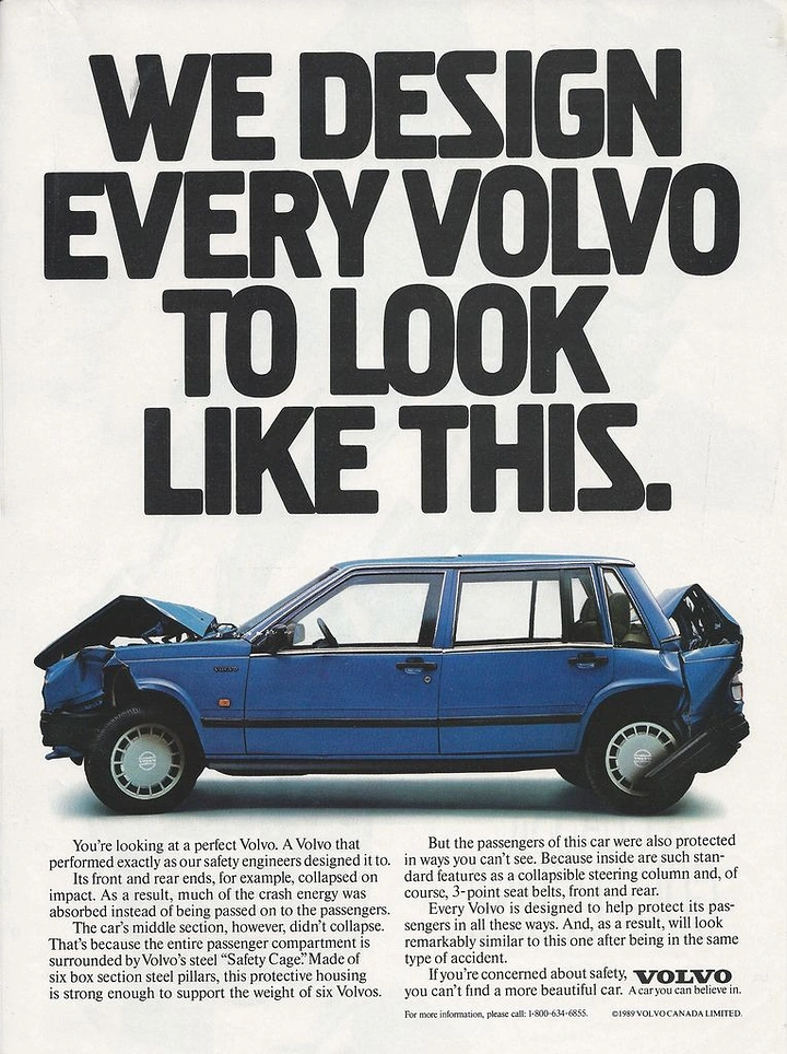 Insurance creative ad: Blue sedan with crumpled front and rear