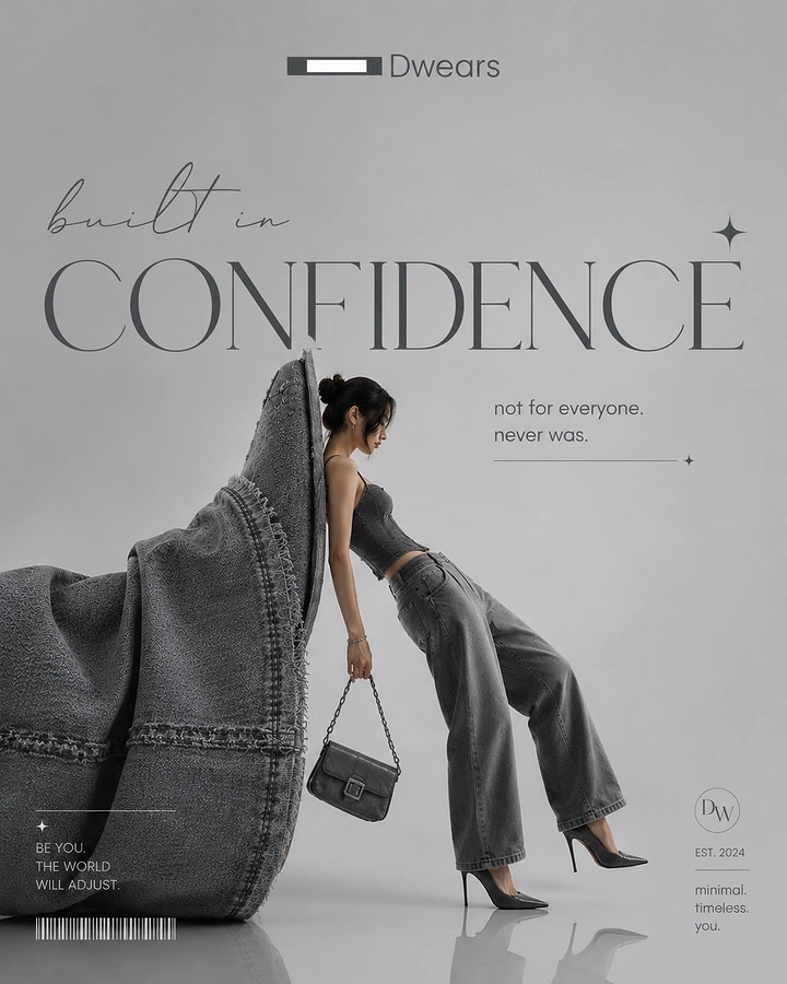Creative ad: Model in grey denim leaning on a giant denim sculpture