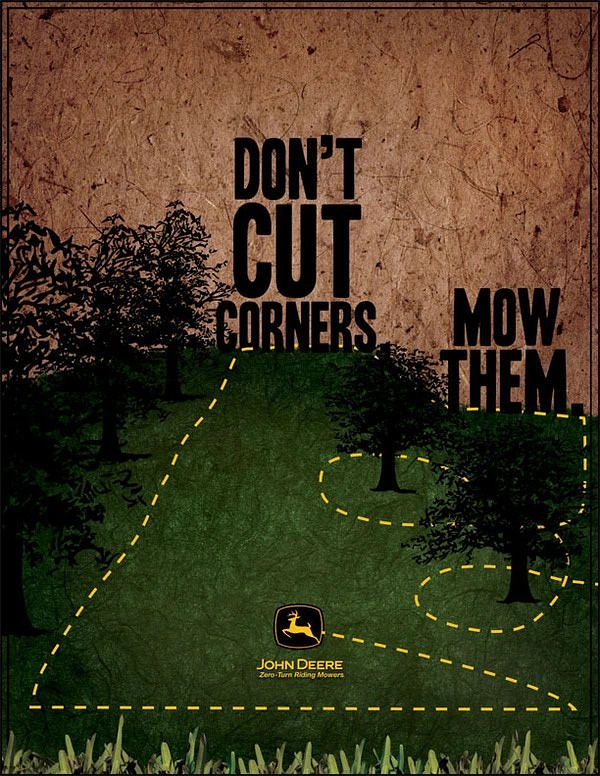 Hardware Stores creative ad: Dashed yellow mowing path weaving around silhouetted trees on a lawn
