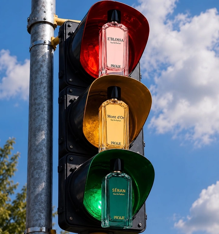 Perfume & Fragrance creative ad: Three perfume bottles sitting in red, amber and green traffic-light visors