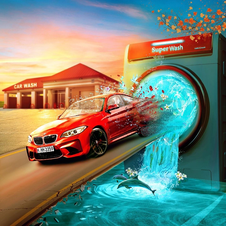 Car Wash & Detailing creative ad: Car bursting from washing machine metaphor
