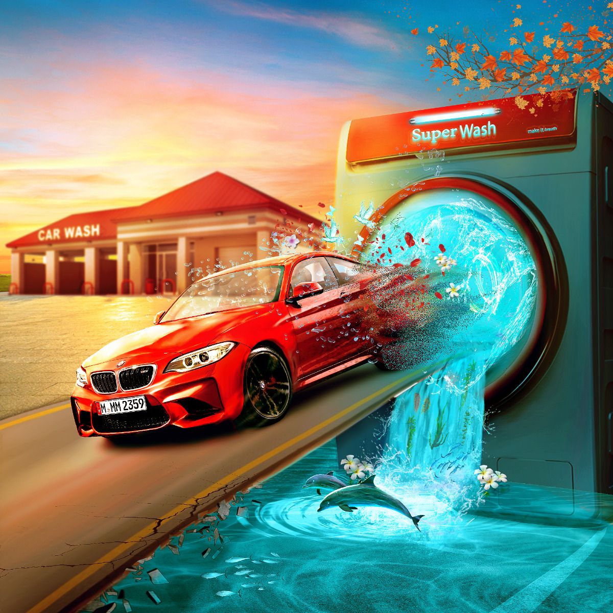 Instagram post: Car bursting from washing machine metaphor