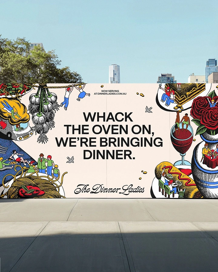 Restaurant & Cafe creative ad: Surreal engraved illustrations of oversized food with tiny people framing a centred headline