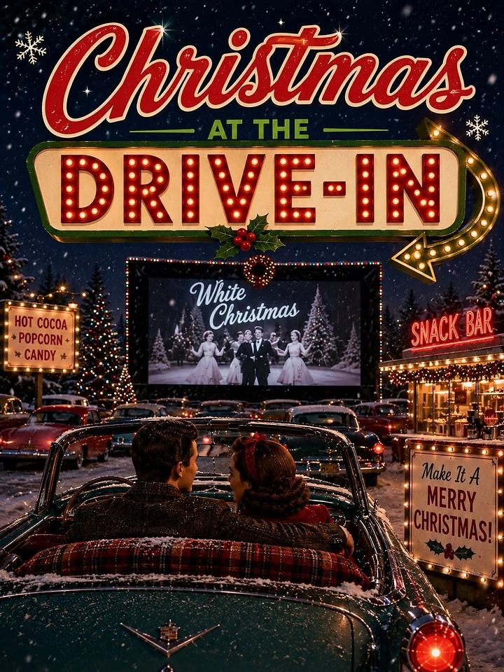 Christmas creative ad: Couple in vintage convertible watching a movie at a snowy drive-in