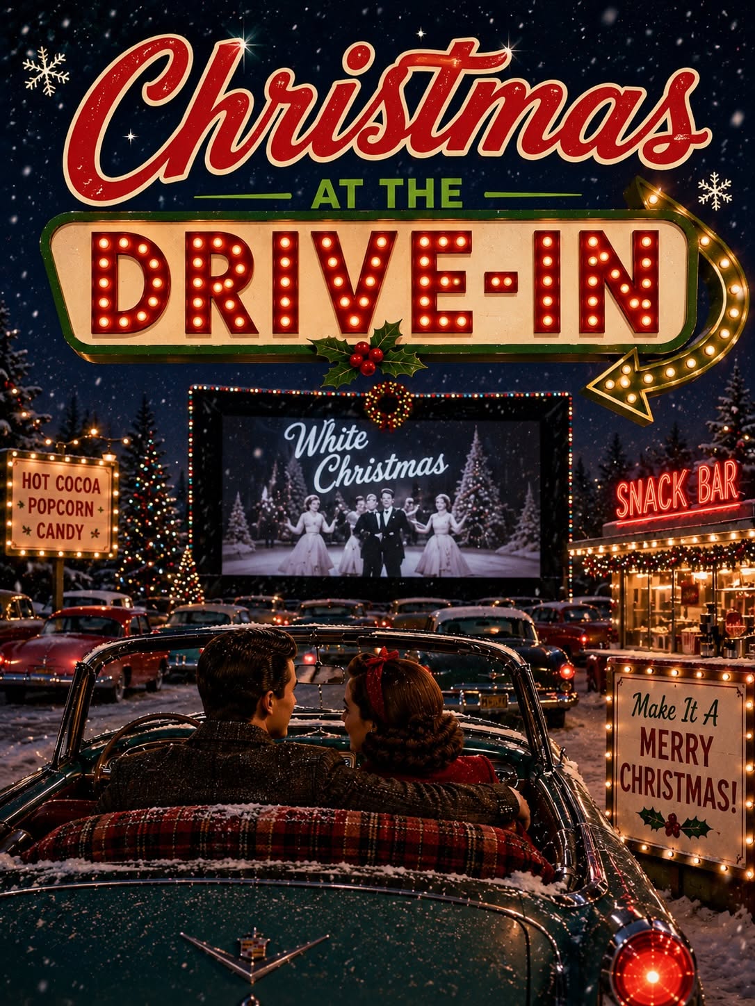 Christmas Carousel: Couple in vintage convertible watching a movie at a snowy drive-in, slide 1