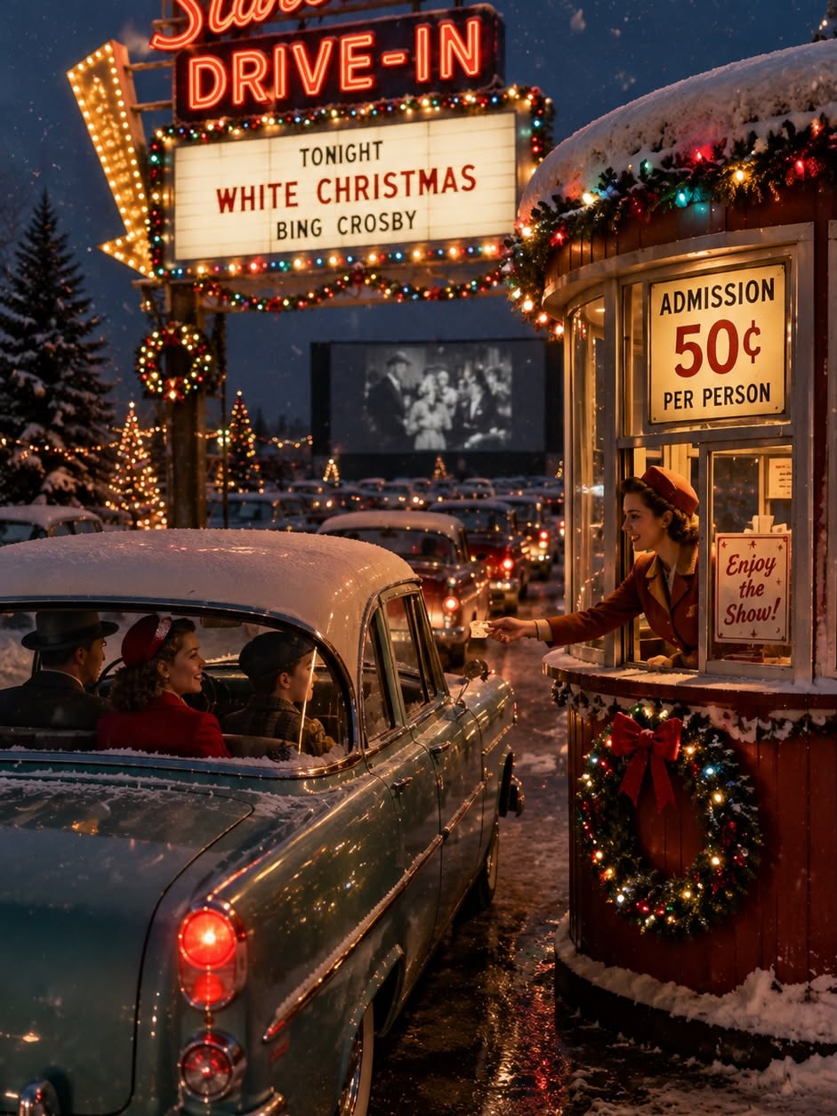 Christmas Carousel: Couple in vintage convertible watching a movie at a snowy drive-in, slide 2