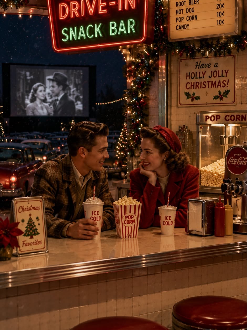 Christmas Carousel: Couple in vintage convertible watching a movie at a snowy drive-in, slide 3
