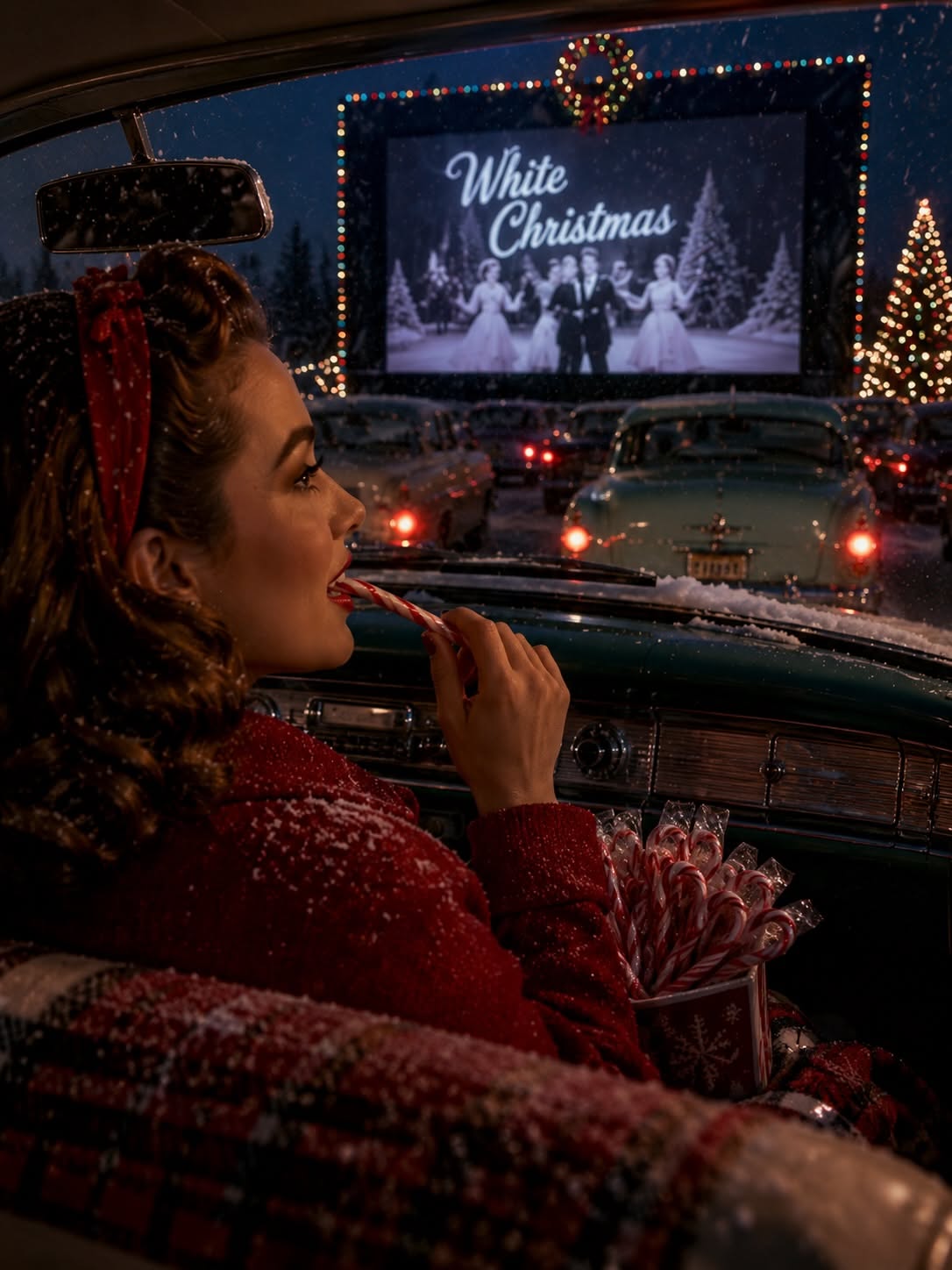 Christmas Carousel: Couple in vintage convertible watching a movie at a snowy drive-in, slide 4