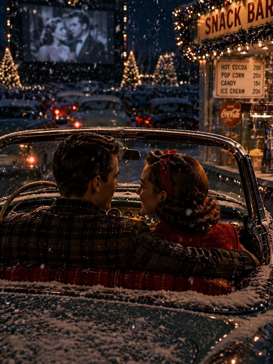 Christmas Carousel: Couple in vintage convertible watching a movie at a snowy drive-in, slide 5