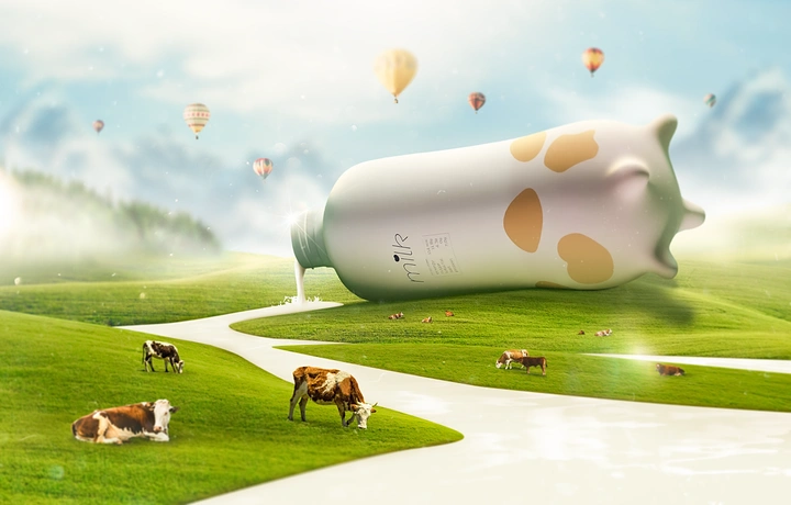 Dairy Brands creative ad: Bottle as cow pouring milk river