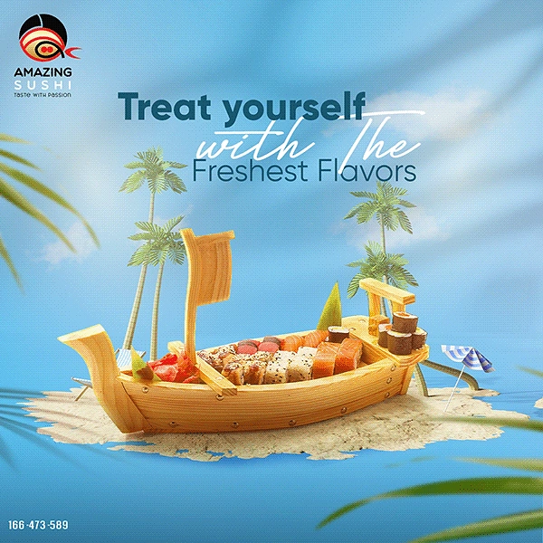 Sushi & Japanese Restaurants creative ad: Sushi becomes a playful beach boat