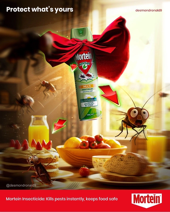 Pest Control creative ad: Caped spray can as breakfast superhero