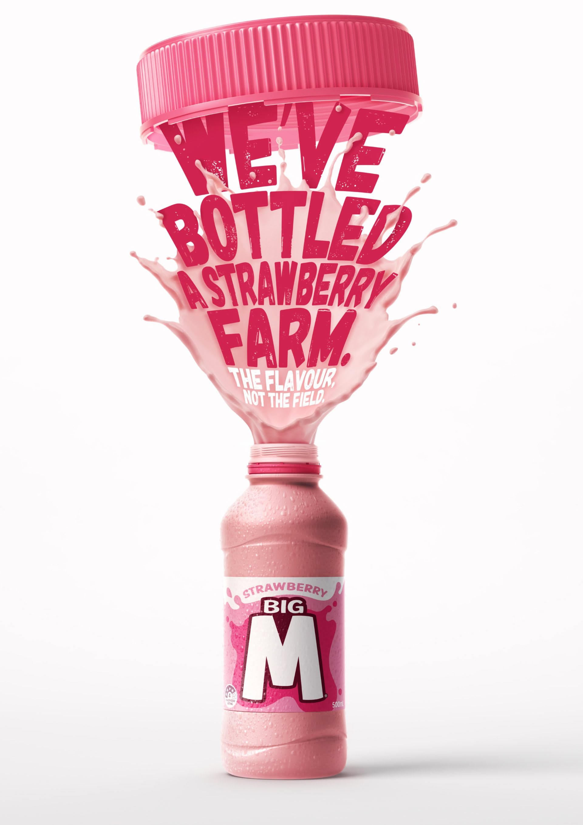 Poster: Strawberry milk erupting from a bottle, forming the headline