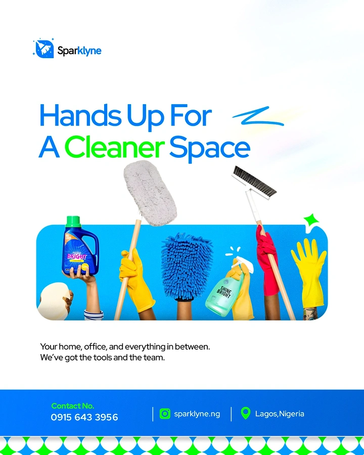 Cleaning Services creative ad: 'Hands Up' pun with raised cleaning tools