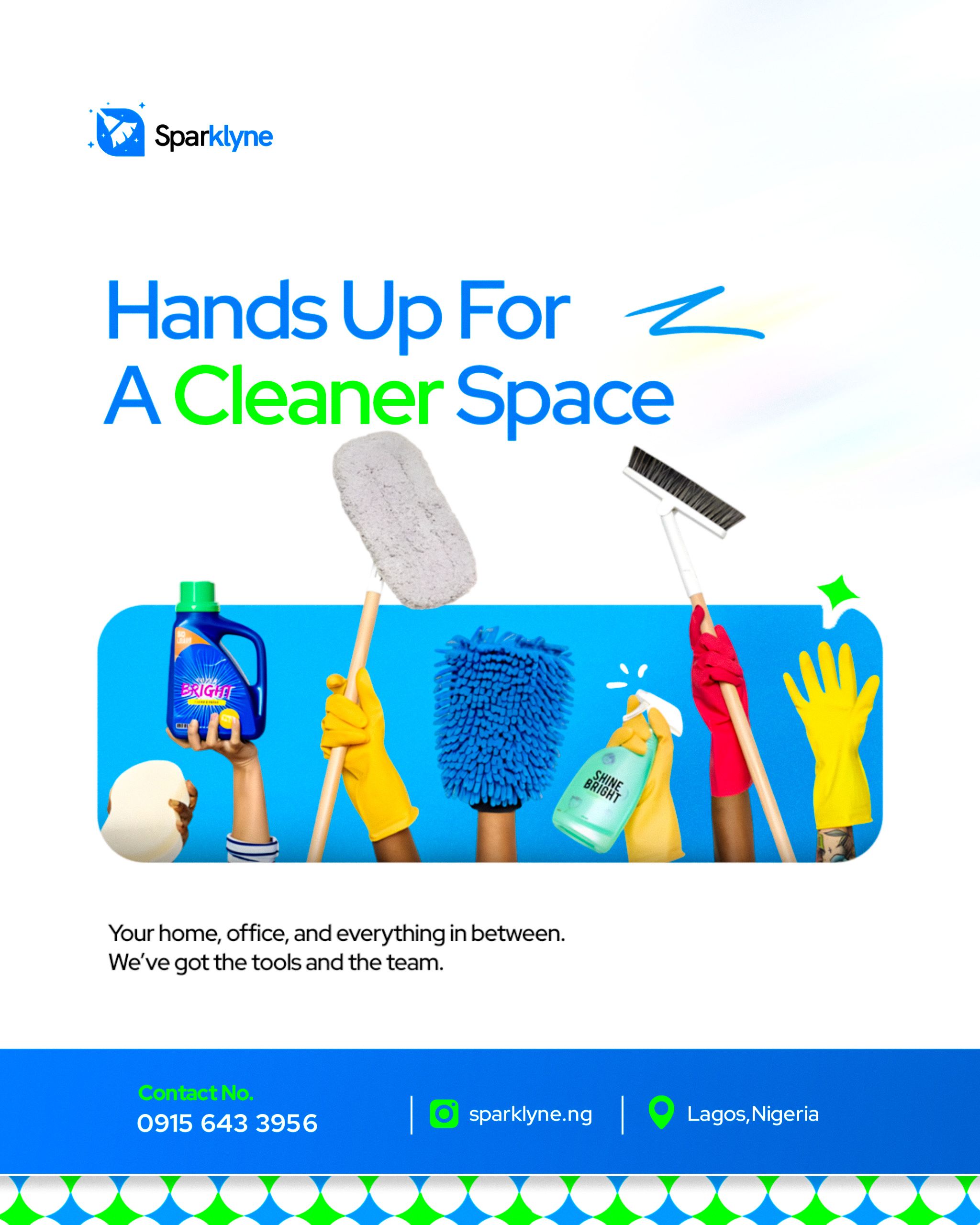 Instagram post: 'Hands Up' pun with raised cleaning tools