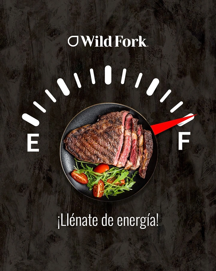 Meat & Seafood Shops creative ad: Plated sliced steak as the hub of a fuel gauge