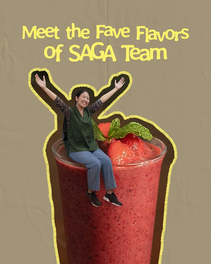 Juice Bars & Smoothies creative ad: Staff member sitting on giant strawberry smoothie