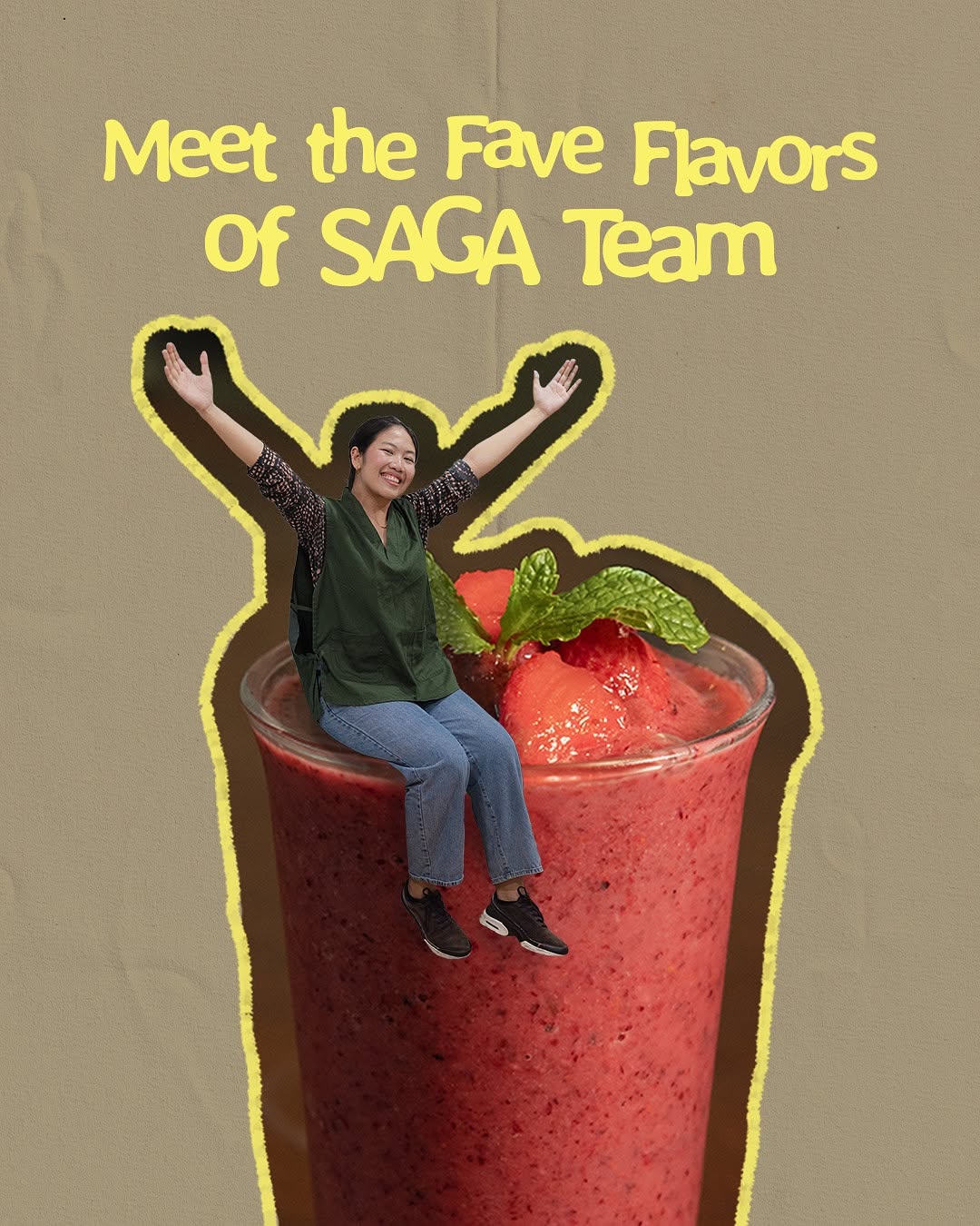 Instagram post: Staff member sitting on giant strawberry smoothie