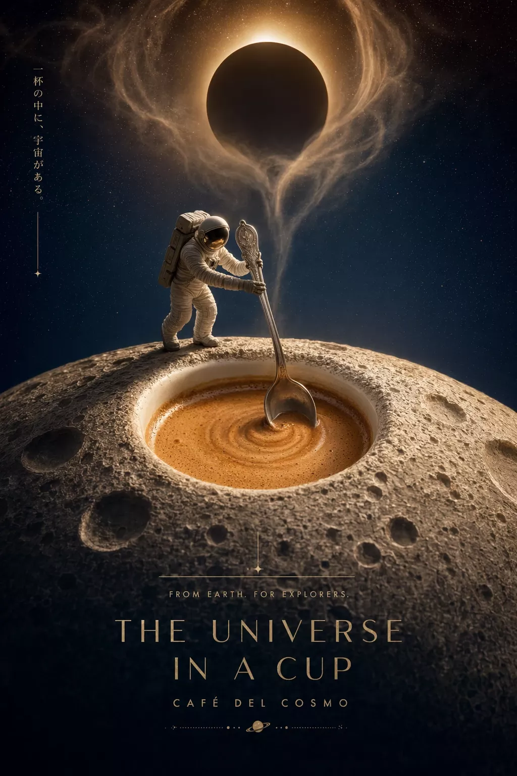 Poster: Tiny astronaut stirring espresso in a moon crater