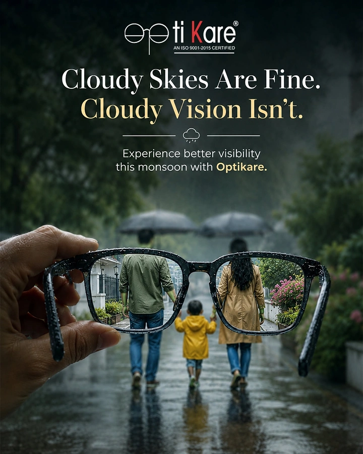 Opticians & Eye Care creative ad: Hand holding eyeglasses that bring a rainy family walk into sharp focus